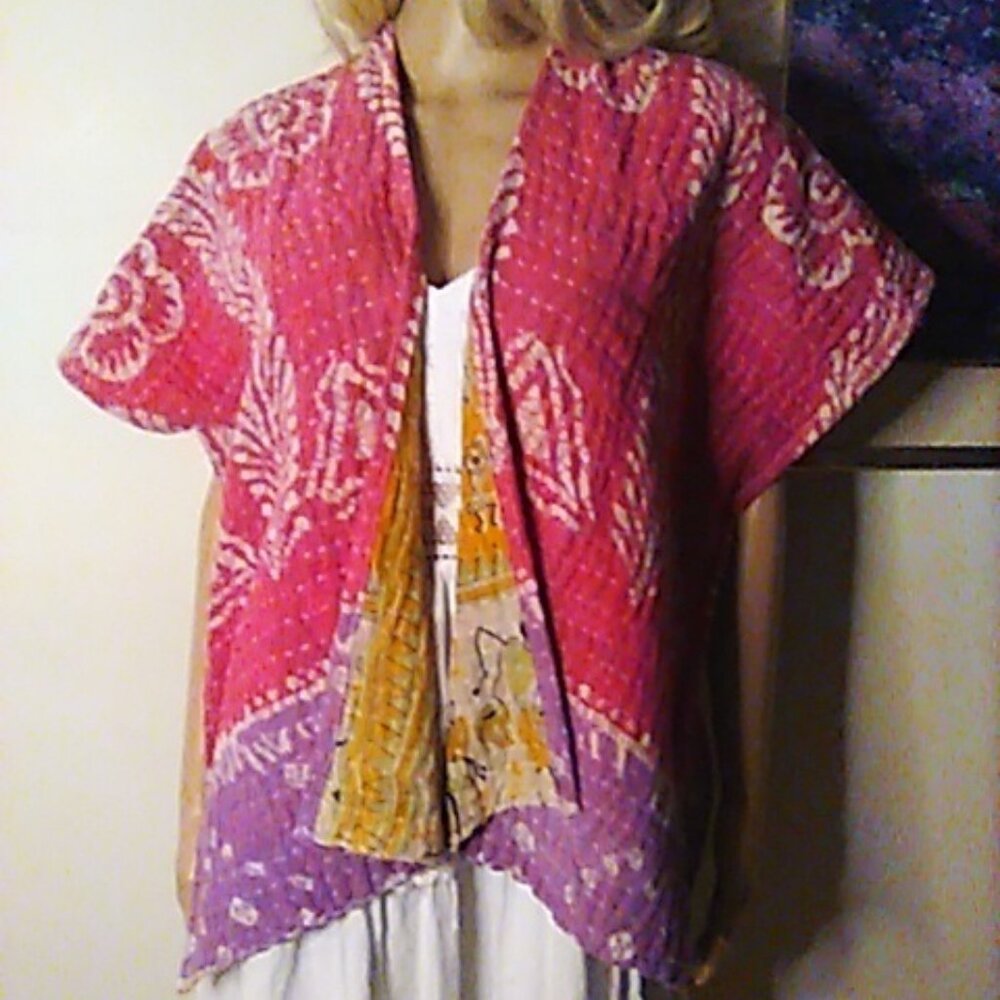 Kantha Free Spirit Kimono/Cover Up XL & Under Pink Purple Reversible Yellow